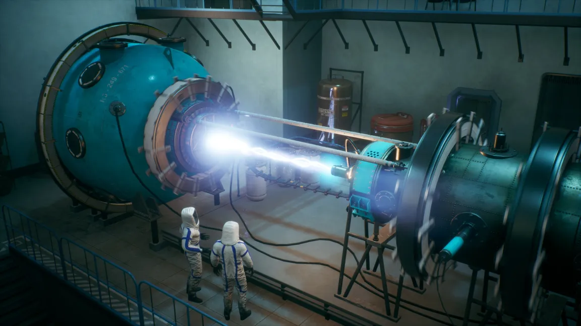 An illustration shows researchers in protective gear observing a high-tech device.