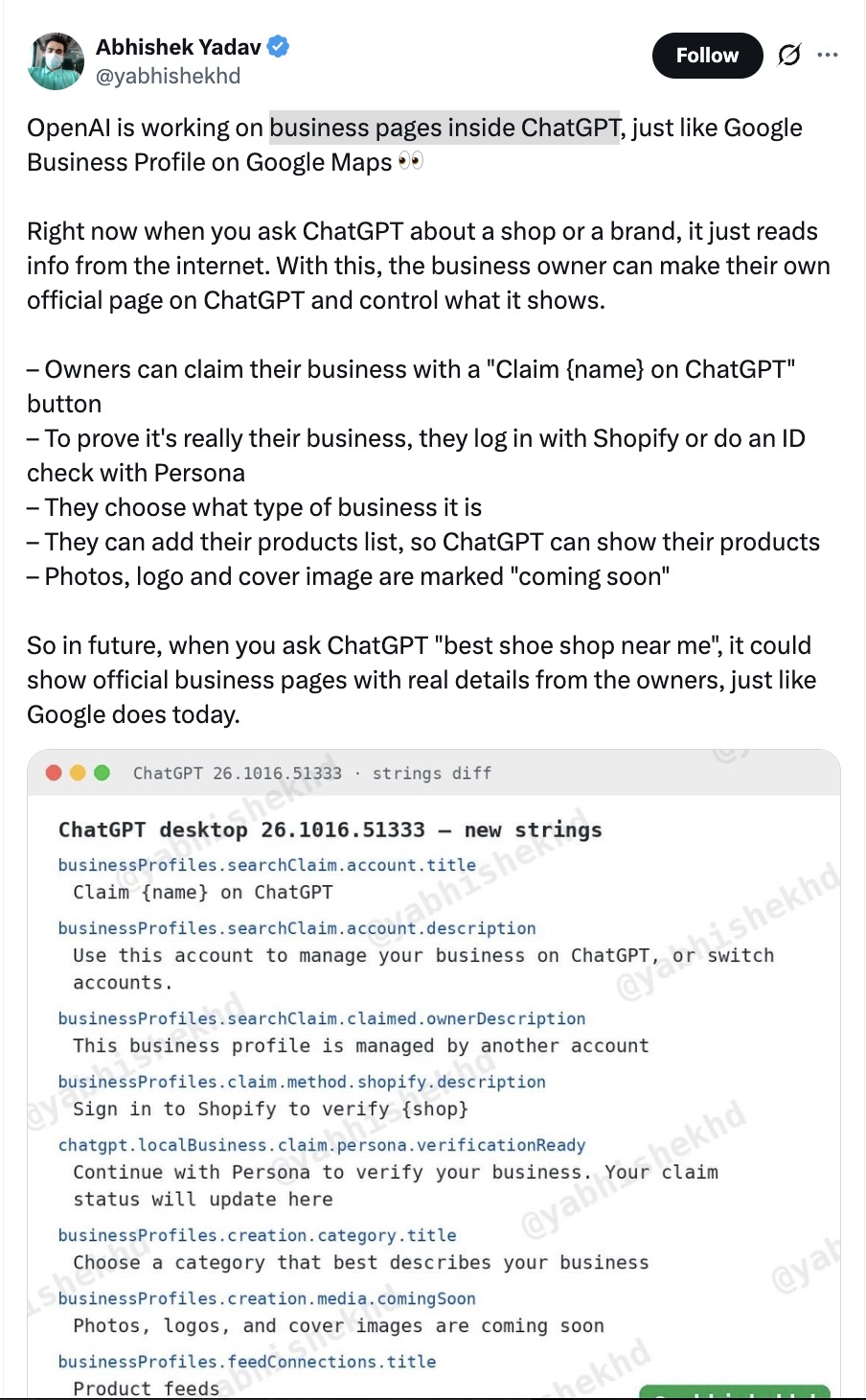 نشانه‌های قابلیت پروفایل کسب‌وکار در ChatGPT