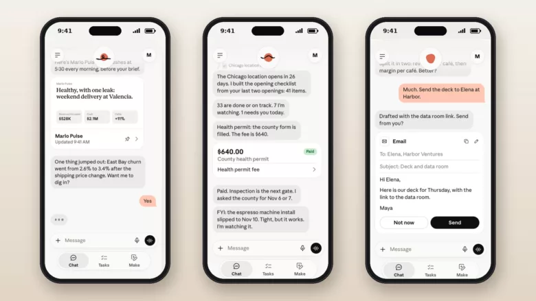 Three smartphones showing the Claude Duet app with a business dashboard, an opening checklist and an email draft