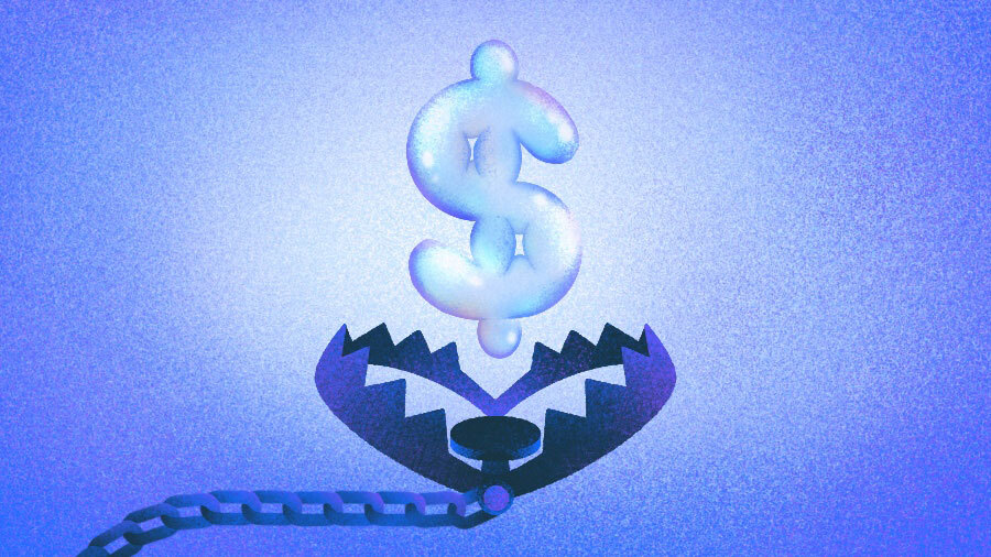 Illustration of a bear trap about to burst a dollar sign bubble.