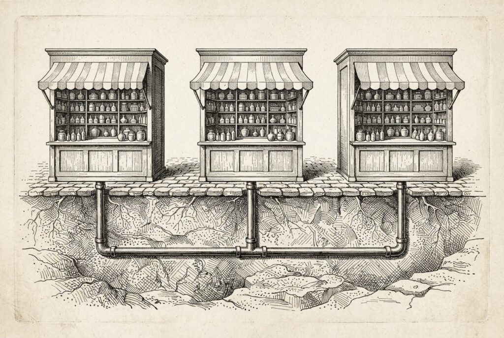 Three identical open-front market kiosks standing on cobbled ground, with a single narrow pipe running beneath the surface in cross-section and three vertical feeder pipes connecting each kiosk from below.