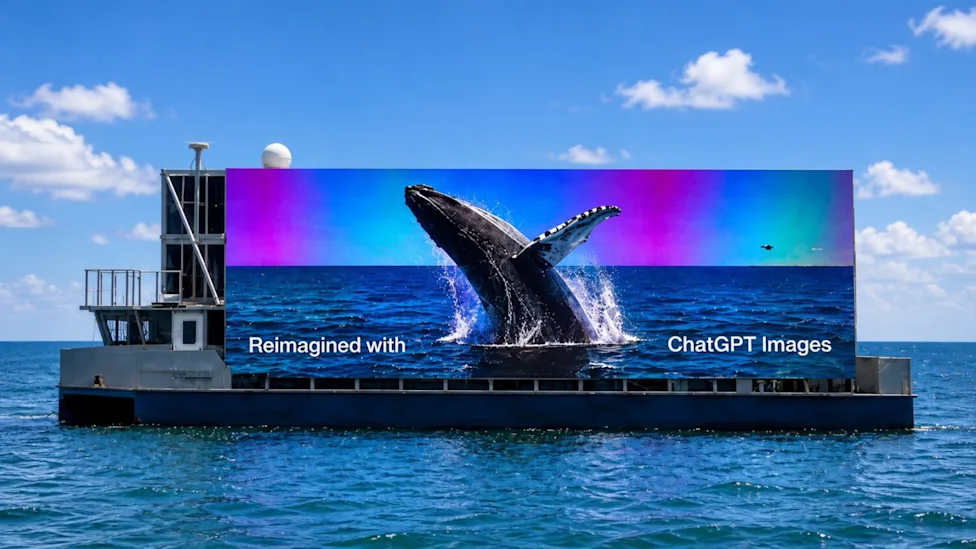 AI Everywhere: ChatGPT Ad On Giant LED Screen Floating Past Miami Beach Goers