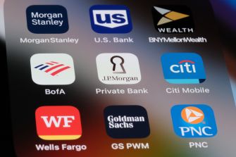 Smartphone screen displaying mobile banking app icons for Morgan Stanley, U.S. Bank, BNY Mellon Wealth, Bank of America, JPMorgan, Citi, Wells Fargo, Goldman Sachs and PNC.