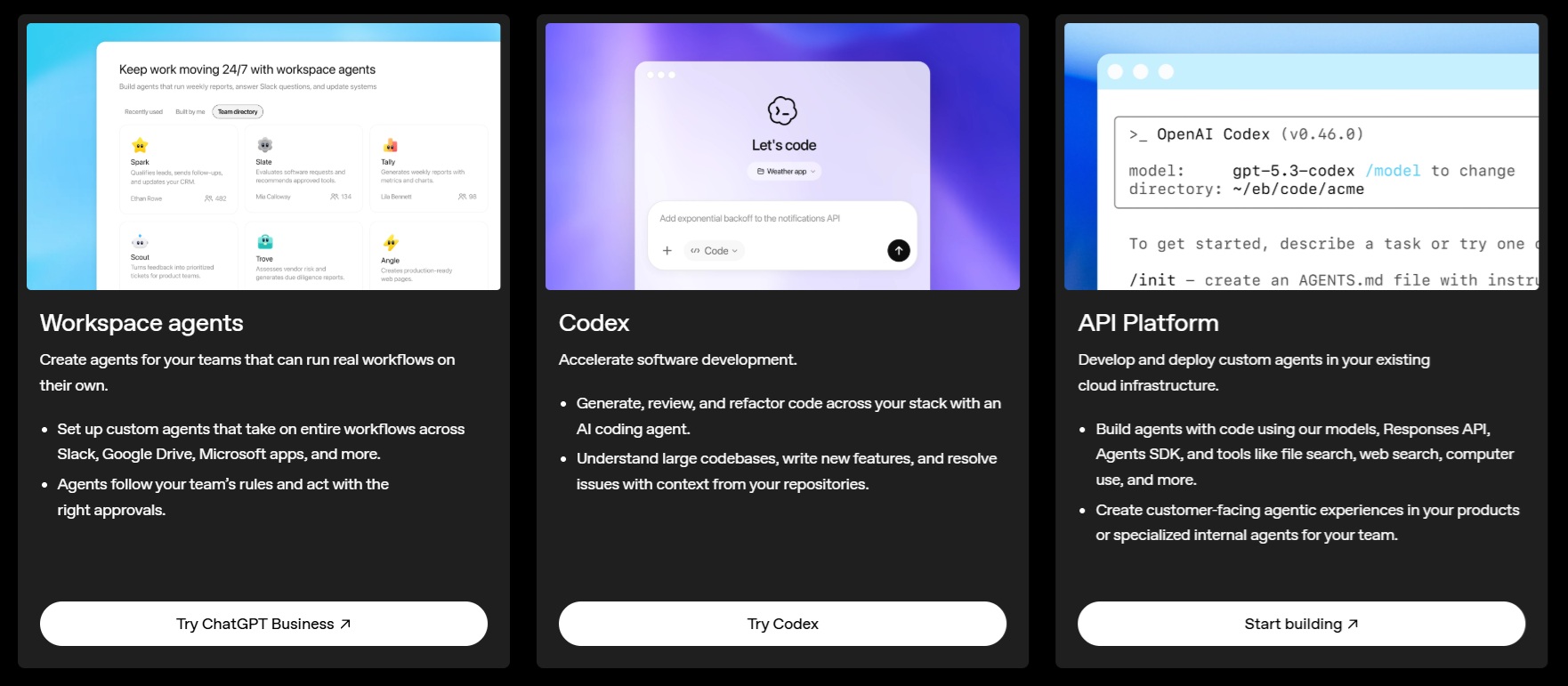 A digital display showcases three sections labeled 'Workspace agents,' 'Codex,' and 'API Platform,' highlighting features like custom workflow agents, AI coding tools, and deployment in cloud infrastructure.