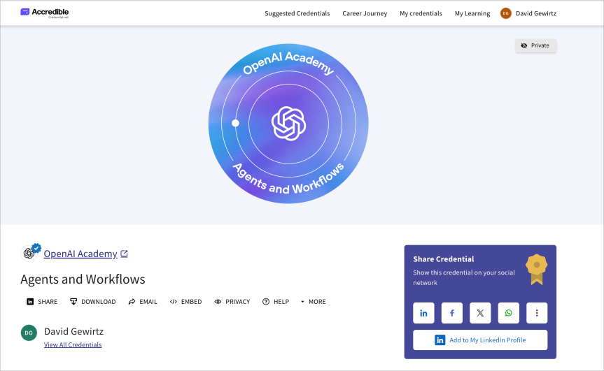گواهی دریافت‌شده از آکادمی OpenAI