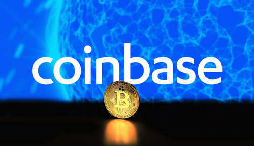 Coinbase cryptocurrency stock market name on abstract digital background. Coinbase logo with Bitcoin cryptocurrency in the United States. Coinbase cryptocurrency exchange.