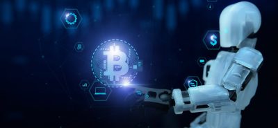 A translucent white robot arm points to a large, glowing blue Bitcoin symbol. Surrounding the Bitcoin symbol and the robot are various glowing blue hexagonal icons representing concepts like a gear, stacked coins, a dollar sign, a laptop, a bar chart, a speech bubble, a lock, and an exchange arrow, all set against a dark blue background with a digital network overlay.
