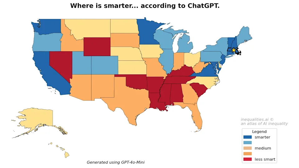 Map showing U.S. states labeled as smarter, medium, or less smart by ChatGPT. Northeast highlighted as smarter
