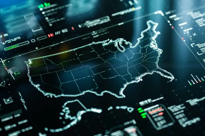 Digital map of the United States on a computer screen, displaying data and analytics