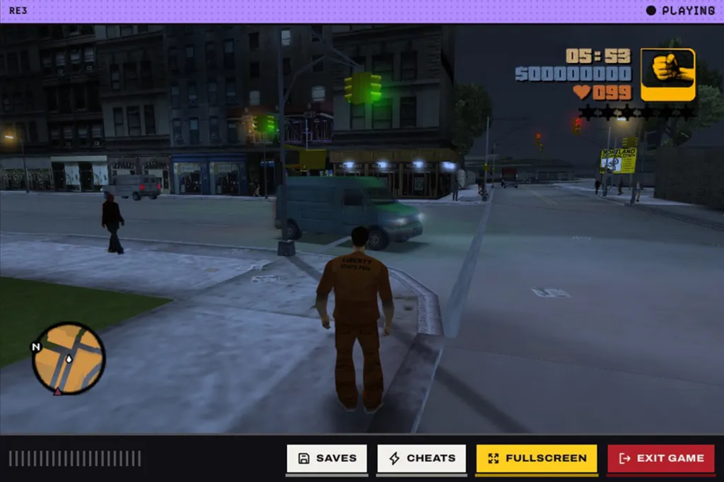 تصویری از نسخه بازسازی‌شده بازی Grand Theft Auto که در مرورگر اجرا می‌شود.