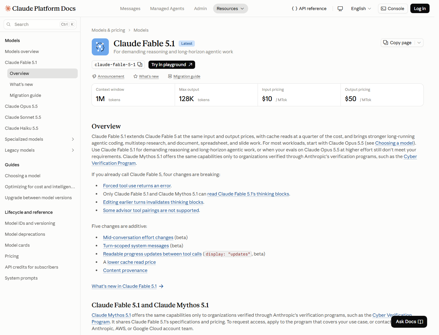 صفحه مستندات پلتفرم Claude برای Fable 5.1، شامل پنجره زمینه یک میلیون توکنی، حداکثر خروجی ۱۲۸ هزار توکن، هزینه ۱۰ دلار برای هر یک میلیون توکن ورودی و ۵۰ دلار برای خروجی و تغییرات ناسازگار با نسخه‌های قبلی هنگام مهاجرت از Fable 5