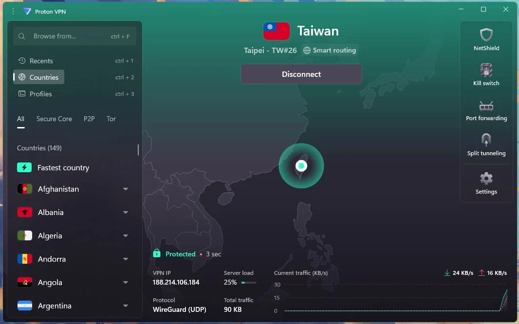 برنامه Proton VPN و سرور تایوان