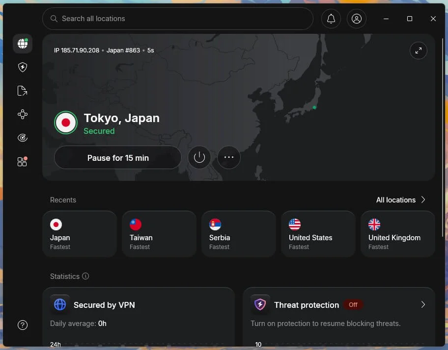 برنامه NordVPN و سرور ژاپن