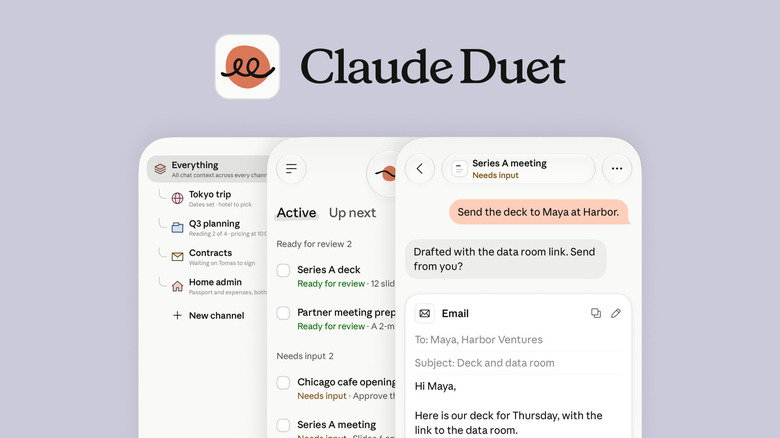 سه تصویر از رابط کاربری Claude Duet در سیستم‌عامل iOS