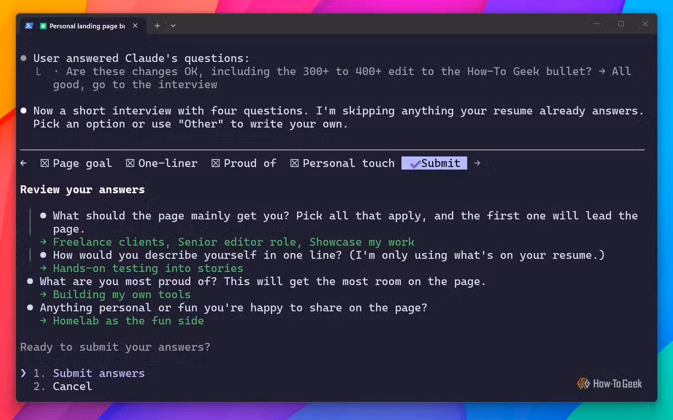 Claude Code interview answers review covering page goal, one-liner, proudest work, and homelab as the personal touch.