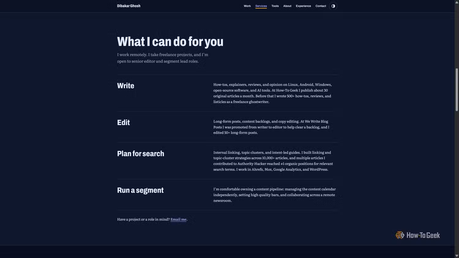 Claude-built portfolio What I can do for you section listing Write, Edit, Plan for search, and Run a segment.