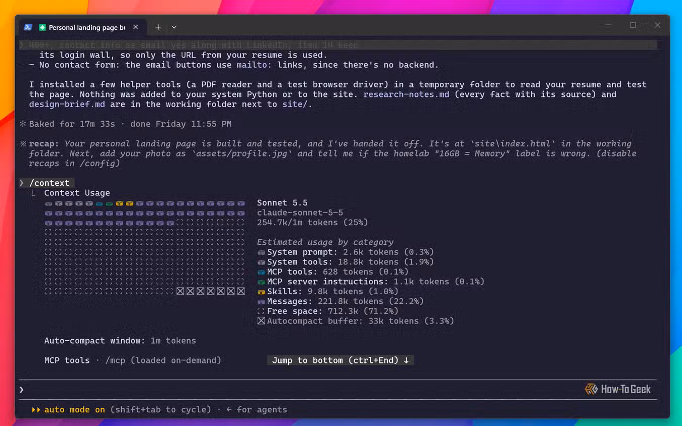 Claude Code showing 254.7k tokens used after building a portfolio website.