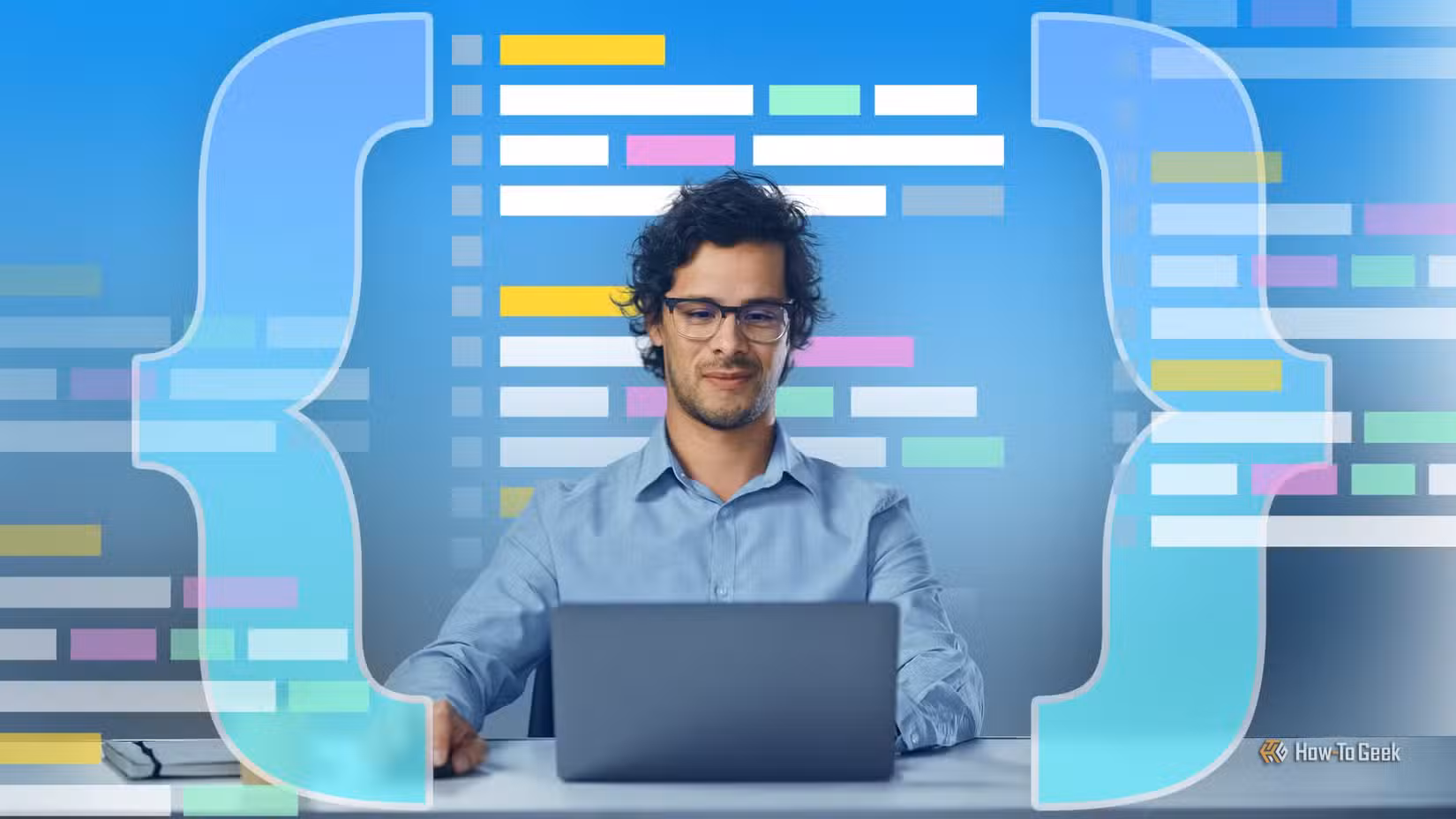 Man working on a laptop with large curly braces on each side and colorful lines of code in the background.