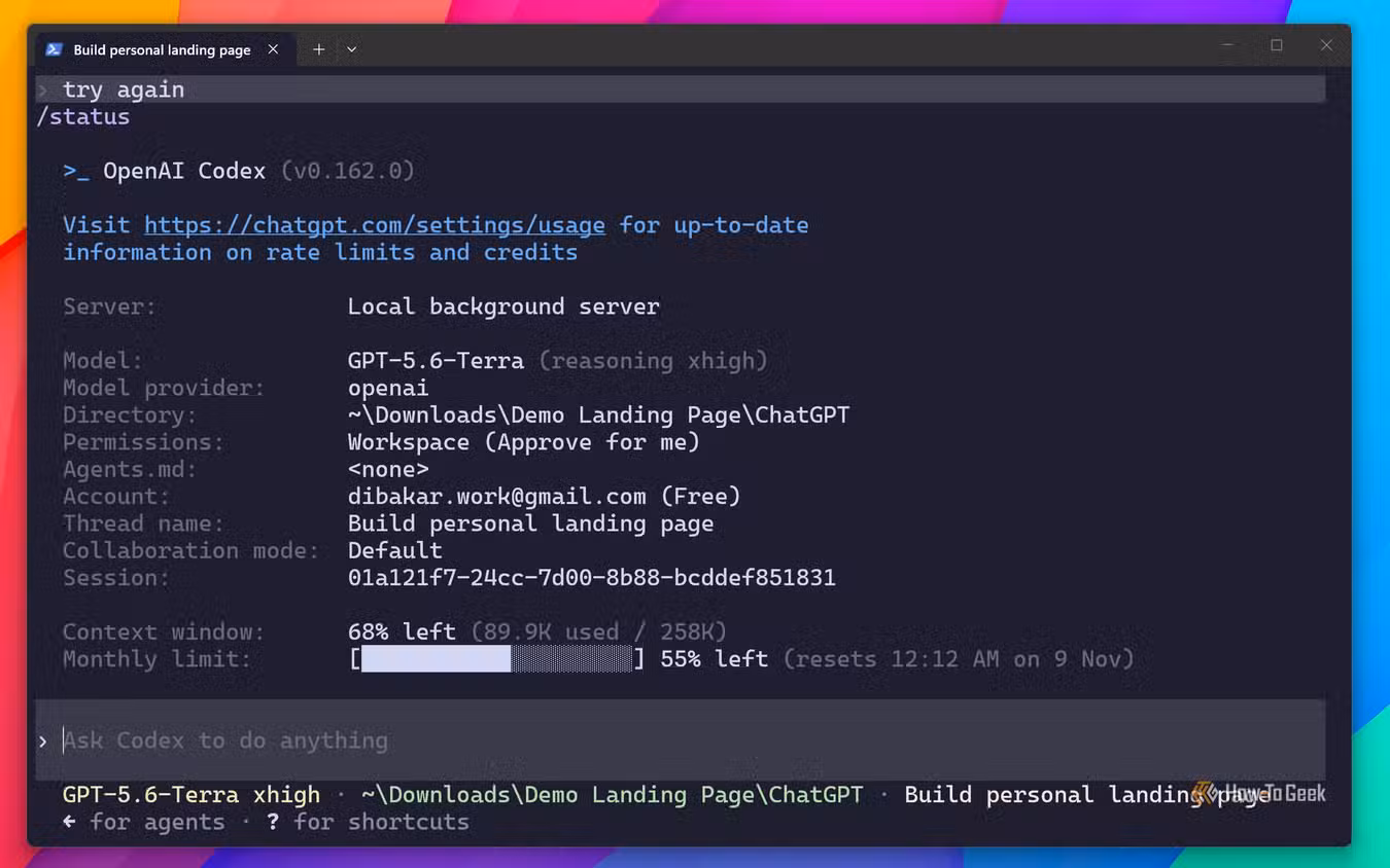 Codex context usage showing 89.9kk tokens used after building a portfolio website.