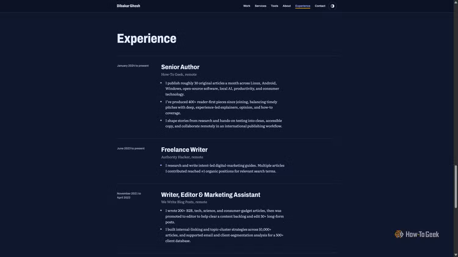 Claude-built portfolio Experience timeline with Senior Author at How-To Geek and earlier roles.