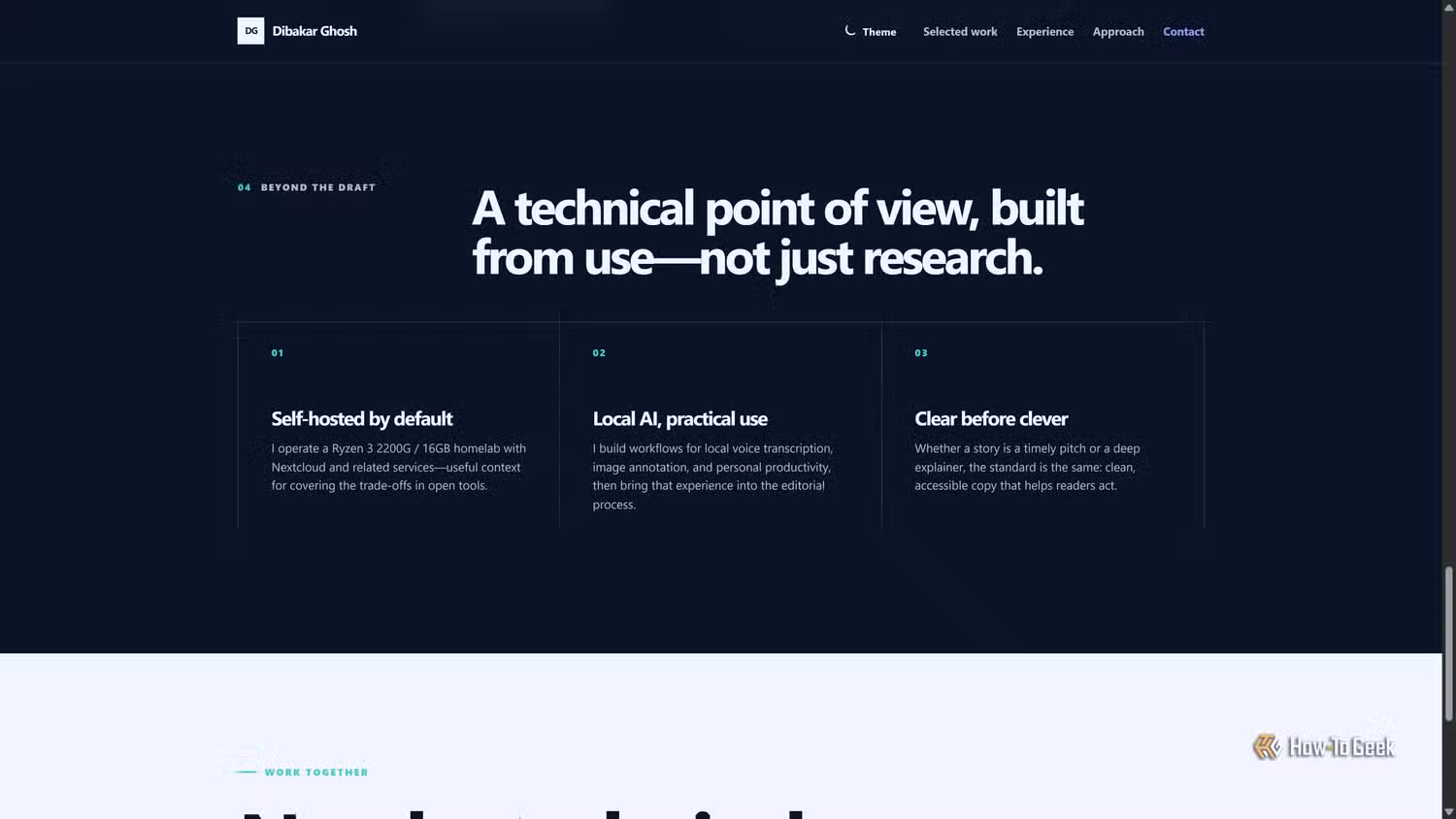 Codex-built portfolio Beyond the draft section with Self-hosted by default, Local AI, and Clear before clever cards.
