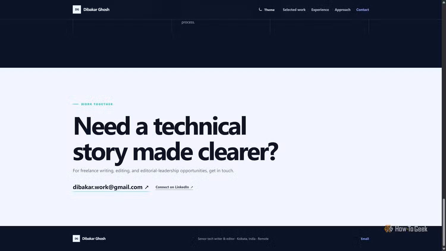 Codex-built portfolio Work together contact section asking Need a technical story made clearer.