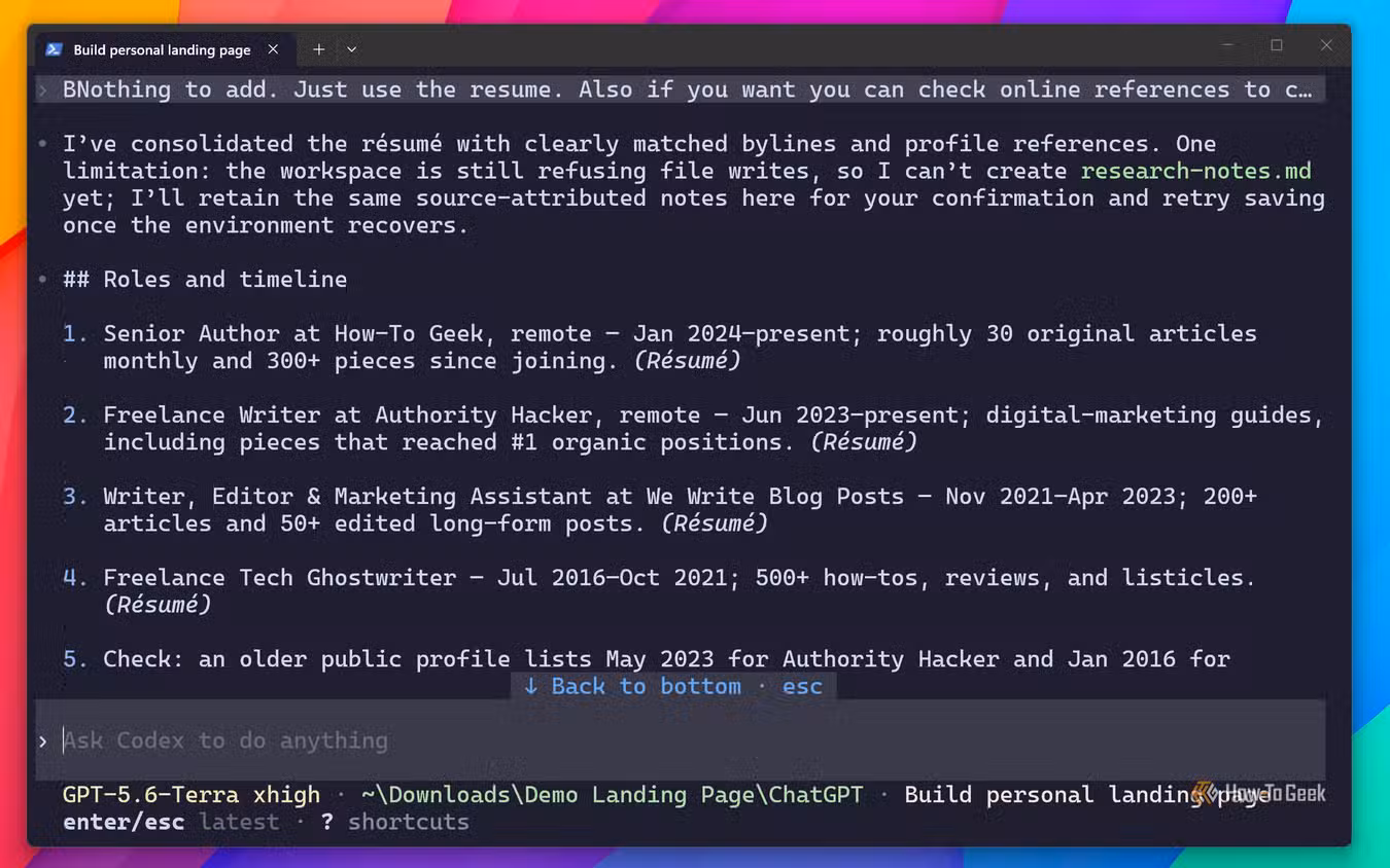 Codex consolidated research notes listing roles and timeline with résumé source attributions.