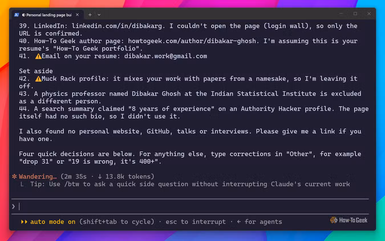 Claude Code research findings listing confirmed LinkedIn and How-To Geek profiles and set-aside namesake results.