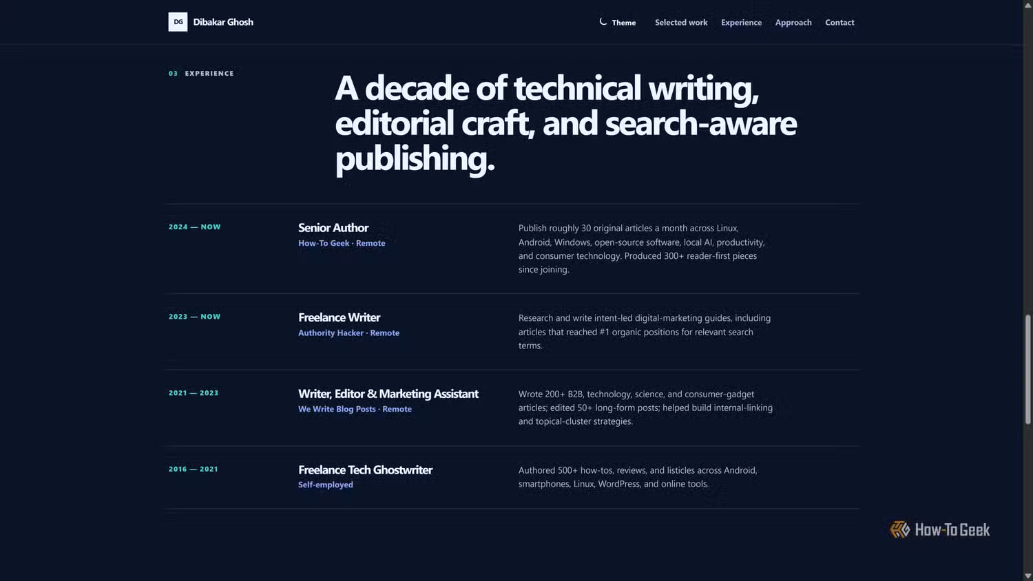 Codex-built portfolio Experience section headed A decade of technical writing with four roles.