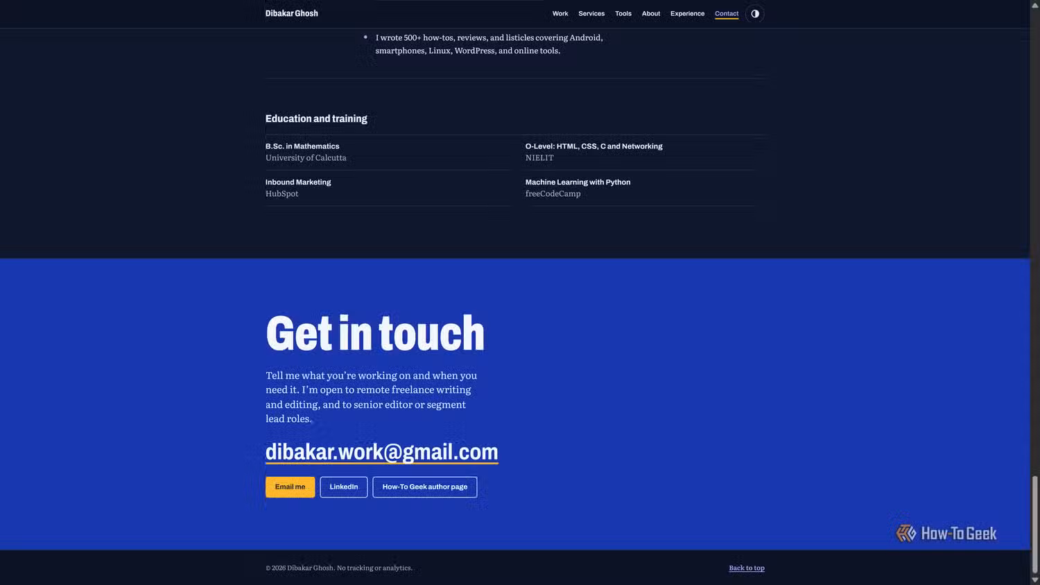 Claude-built portfolio Education and training grid and blue Get in touch section with email and LinkedIn buttons.