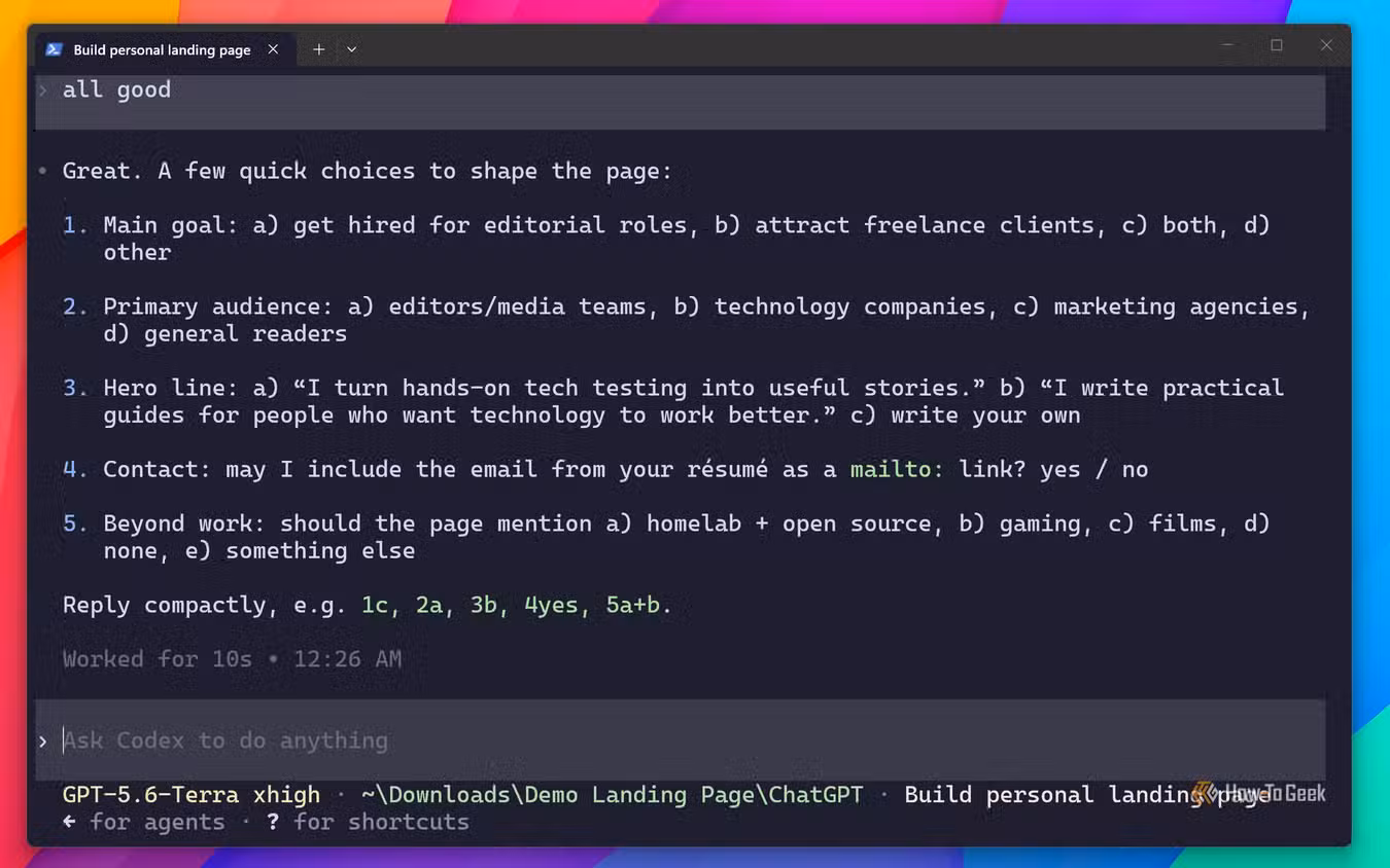 Codex asking five lettered clarifying questions on goal, audience, hero line, contact, and personal interests.