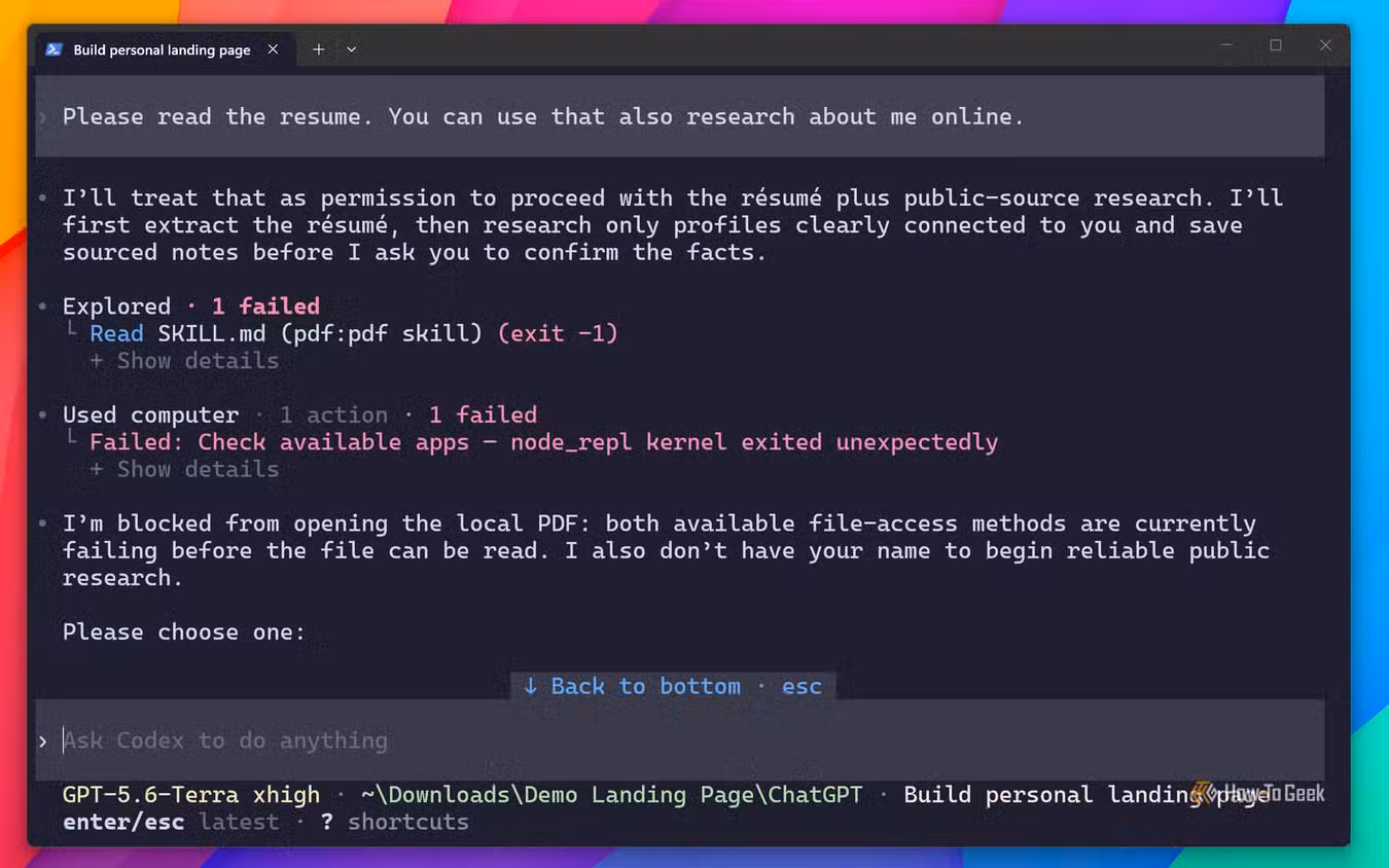 Codex reporting it is blocked from opening the local resume PDF after the PDF skill and computer tool fail.
