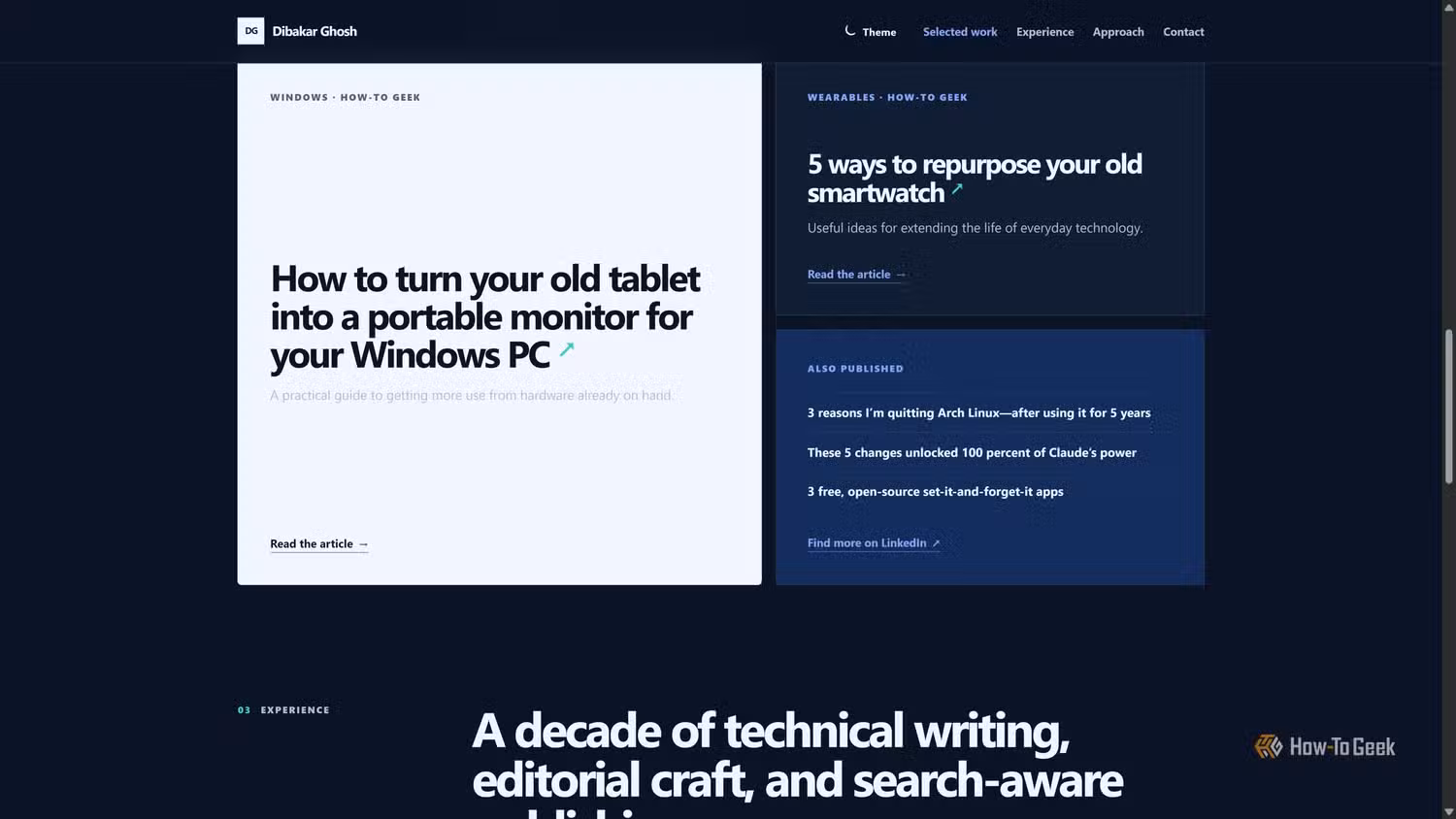 Codex-built portfolio Selected work cards featuring How-To Geek articles and an Also published list.