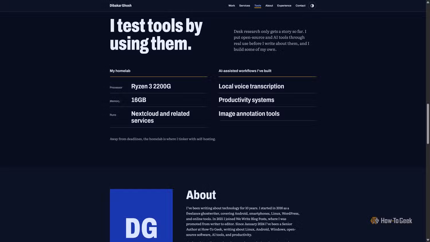 Claude-built portfolio I test tools by using them section listing homelab specs and AI-assisted workflows.