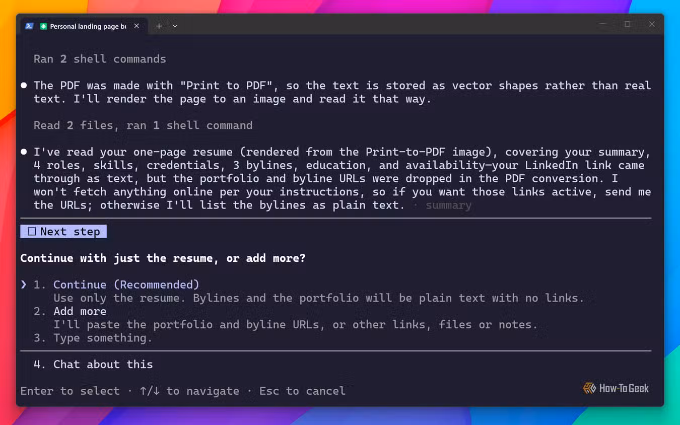Claude Code summarizing the parsed resume and asking whether to continue with just the resume or add more.