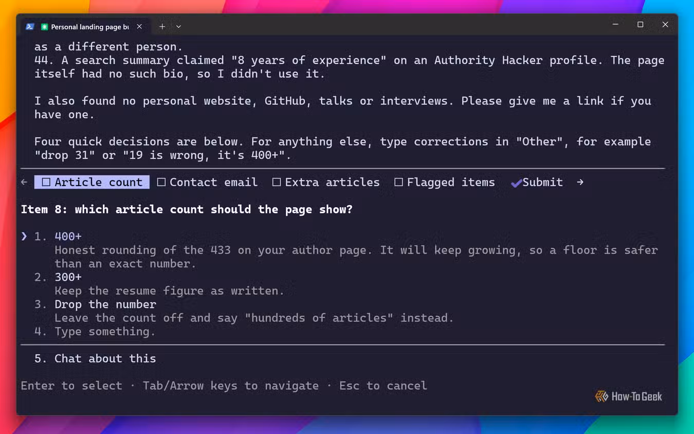 Claude Code multiple-choice question tabs asking which article count the page should show.