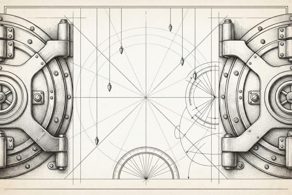 Two ornate vault doors on opposite sides of a frame connected only by dotted construction lines and suspended plumb bobs — the financing structure planned but not yet built.