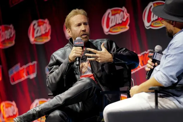 Nicolas Cage speaks onstage during New York Comic Con 2026 at the Javits Center on Saturday.