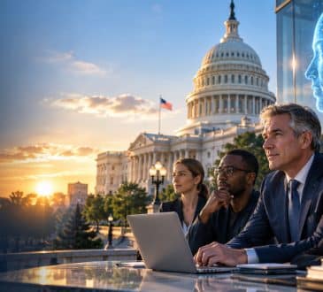 U.S. Capitol with business leaders, workers and artificial intelligence technology illustrating America’s need for balanced AI guardrails