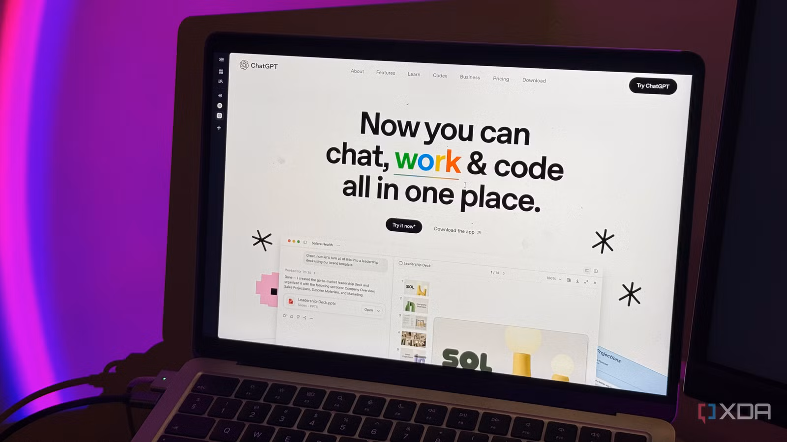 MacBook showing ChatGPT's homepage with work highlighted above a slide deck demo