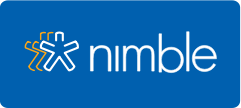 Nimble logo, white wordmark on blue background