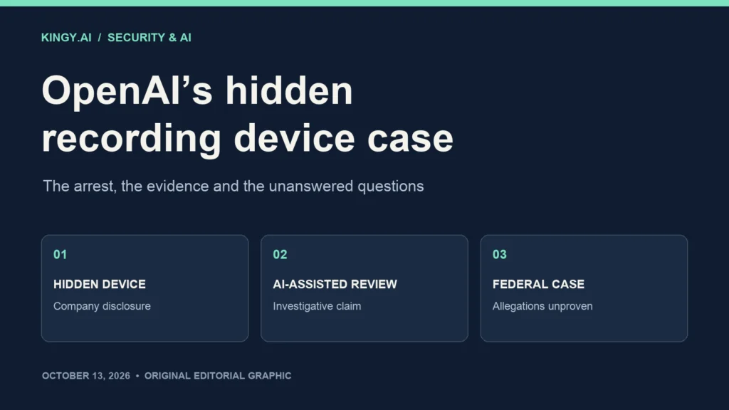Original Kingy.ai editorial graphic about OpenAI’s recording device case: hidden device, AI-assisted review and federal allegations.