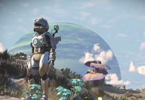 a space explorer stands on a rocky surface on an alien planet