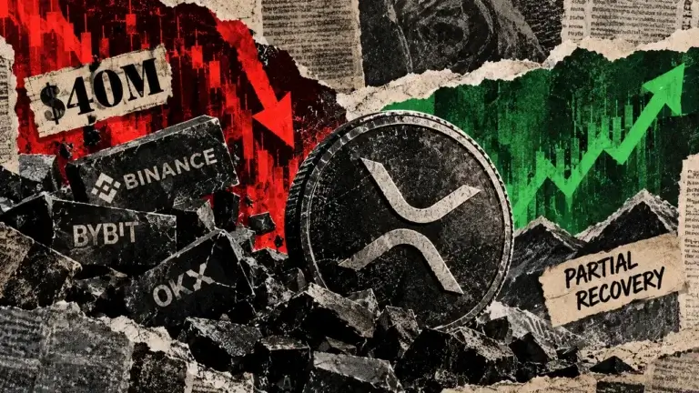 XRP symbol between a sharp market decline and partial rebound after over $40 million in bullish futures positions were liquidated.