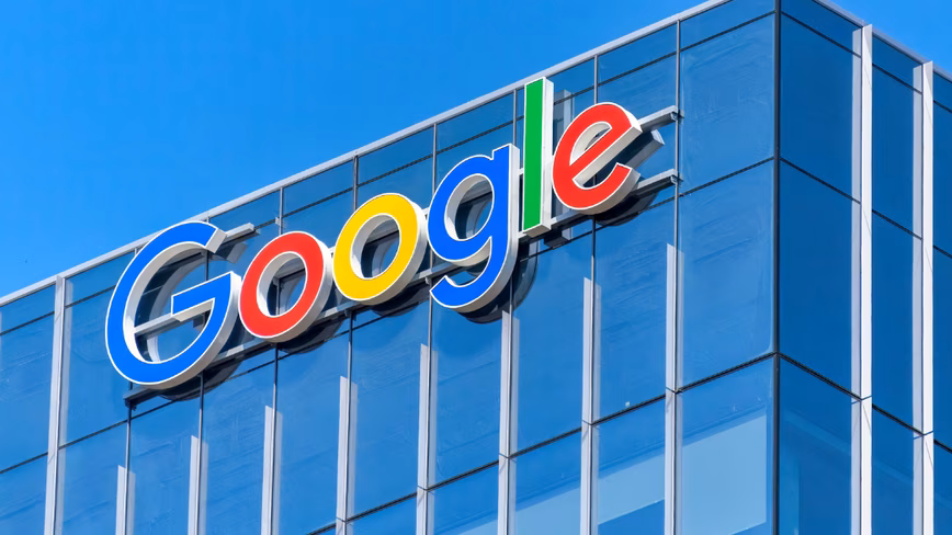 Logo of Google in skyscraper in the downtown district.
