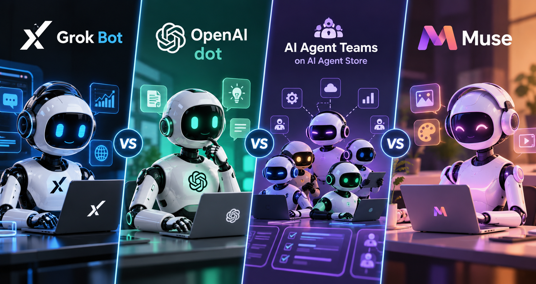 مقایسه Grok Bot، OpenAI dot، AI Agent Teams و Muse