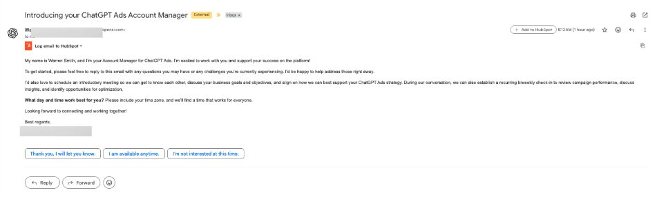 ایمیل مدیر حساب تبلیغاتی ChatGPT شرکت OpenAI