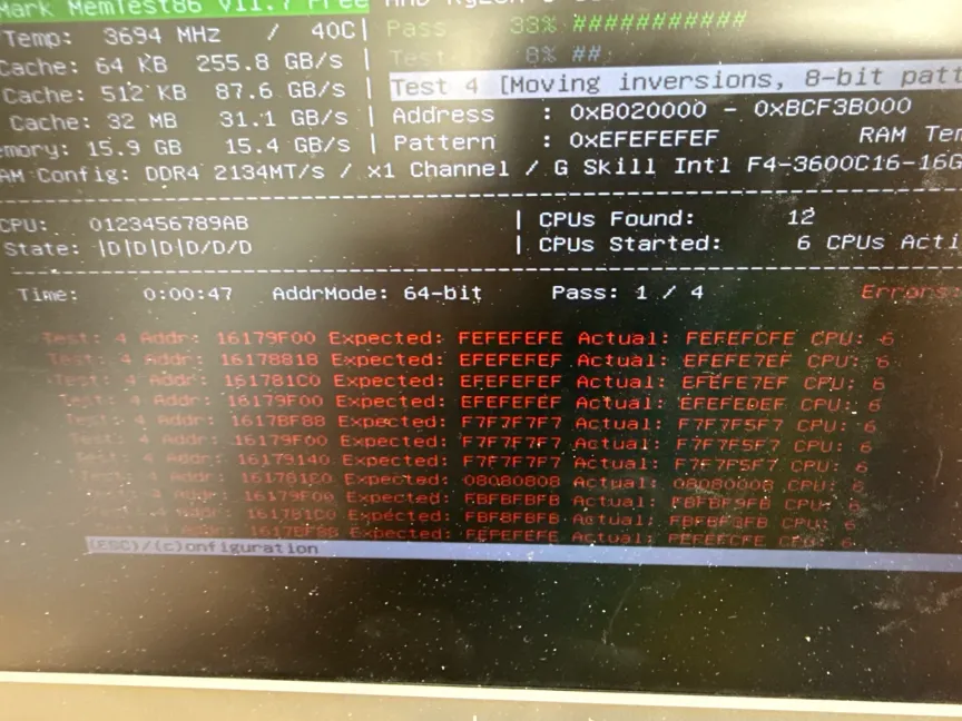 گزارش خطاهای حافظه رم در آزمایش MemTest86