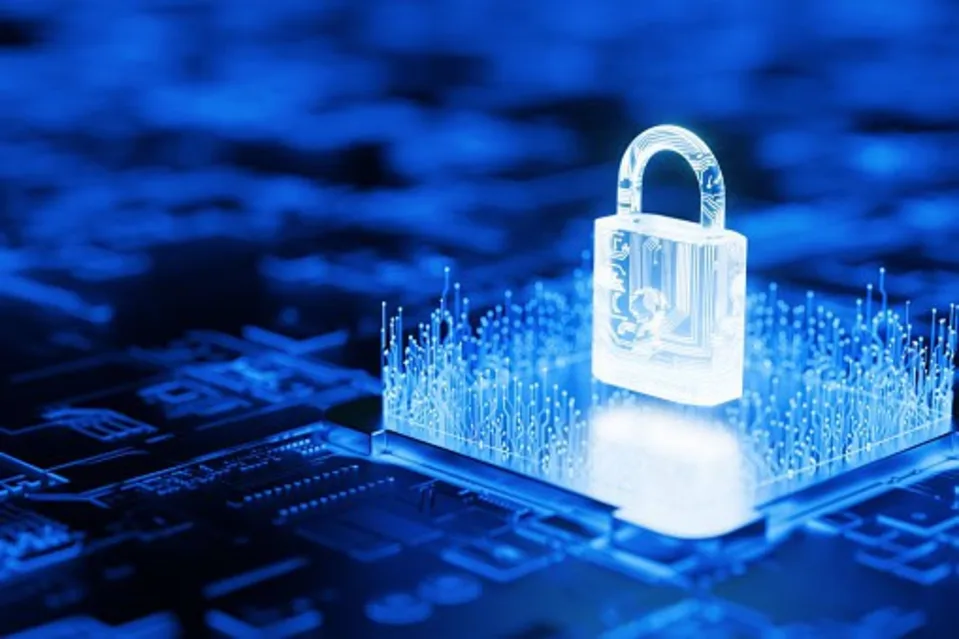 A vibrant blue digital illustration features a translucent, glowing padlock standing prominently on a detailed blue circuit board. Numerous bright blue light trails ascend from the circuit board around the padlock, symbolizing data flow or security measures. The background is a soft, deep blue, conveying a high-tech, secure environment.