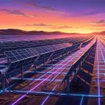 Rows of solar panels receding to a sunset horizon